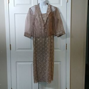 Alex Evening taupe 2pc dress jacket set  Sz 14 Wedding Mother of the Bride
